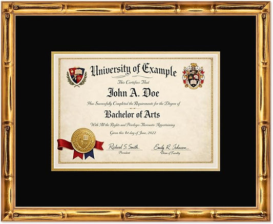 CountryArtHouse Diploma Frame Fits 11.69 x 8.27 A4 Certificate - Keepsake Graduation Display Gold Bamboo Genuine Hardwood with Black Over Metallic Gold Double mat