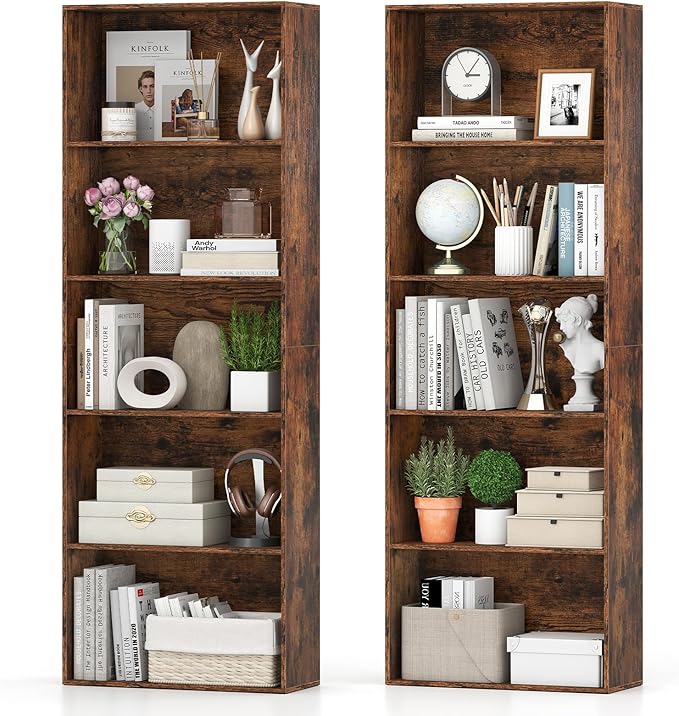 Giantex 5-Tier Bookshelf Set of 2, Freestanding Bookcase with 5 Open Shelf, Modern Display Shelf, Storage Organizer for Living Room Bedroom Home Office, Rustic Brown