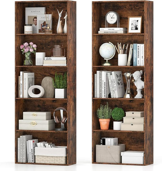 Giantex 5-Tier Bookshelf Set of 2, Freestanding Bookcase with 5 Open Shelf, Modern Display Shelf, Storage Organizer for Living Room Bedroom Home Office, Rustic Brown