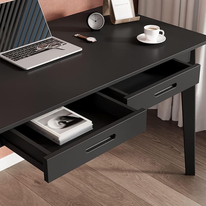40 Inch Compact Computer Gaming Desk, Black Study Work Office Desk with 2 Storage Drawers, Rectangular Study Reading Table, Simple Computer Writing Table for Home Office, Living Room