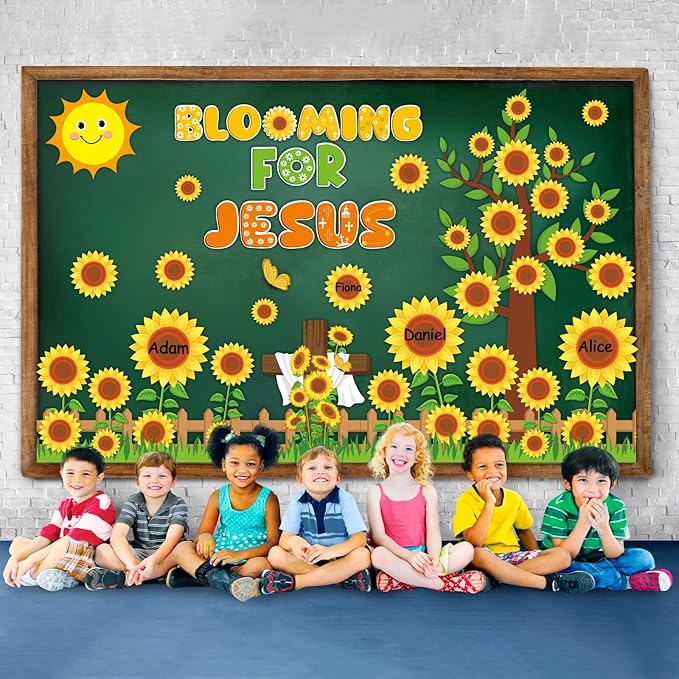 gisgfim Spring Sunflower Bulletin Board Decoration Set Religious Cutouts for Classroom School Welcome Blooming for Jesus Summer Christian Bulletin Board Craft Door Home Wall(Blooming for Jesus)