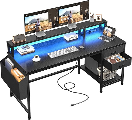 48" Computer Desk with Drawers & Storage Bag, Gaming Desk with Power Outlets and LED Lights, Office Desk with Monitor Stand for Bedroom Gaming Room, Study Work Home Office, Black