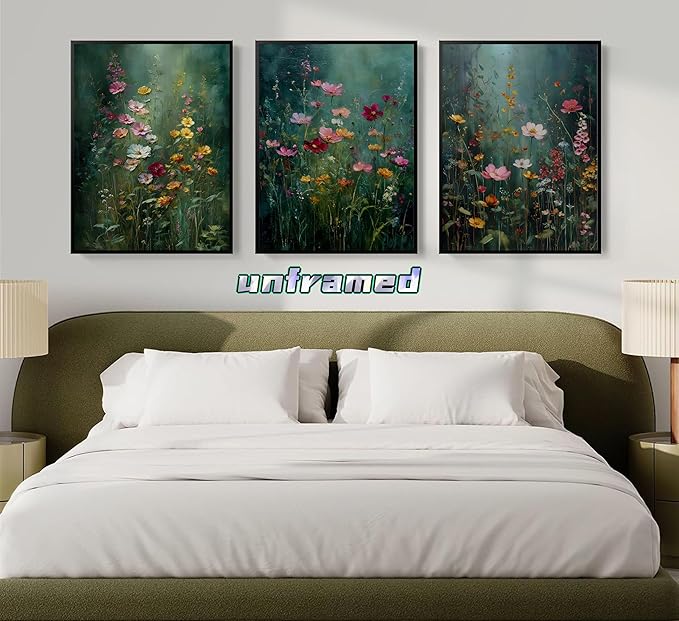 3Pcs Dark Green Floral Canvas Wall Art Moody Wildflowers Poster Prints Vintage Nature Rustic Botanical Flowers Pictures for Bedroom Living Room Office Bathroom Wall Decor 12x16in Unframed
