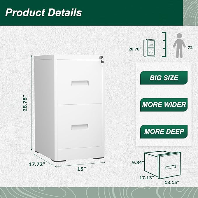 Superday 2 Drawer File Cabinets, 18” D Vertical File Cabinet with Lock, Locking Filing Cabinet for Home Office, White Metal Filing Cabinets for Hanging Letter/Legal Folders, Easy Assemble