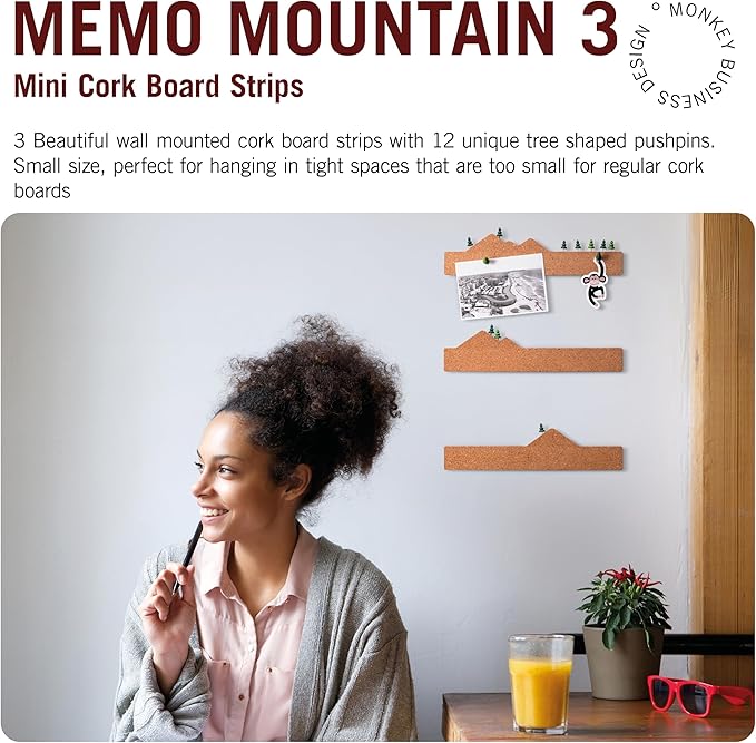 Monkey Business Memo Mountain 3 Cork Board Strips - Corkboard Pin Boards with Mountain Scene Pushpins, Office Accessories, Cute Cork Boards for Walls