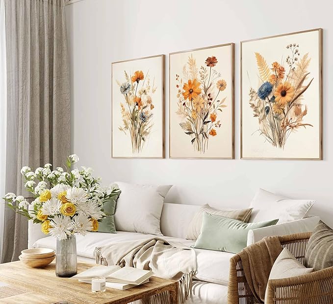 3Pcs Vintage Wildflower Canvas Wall art Country Farmhouse Watercolor Flower Botanical Painting Pictures Wall Decor Floral Poster Print Artwork for Bedroom Living Room Girls Room Decoration Unframed