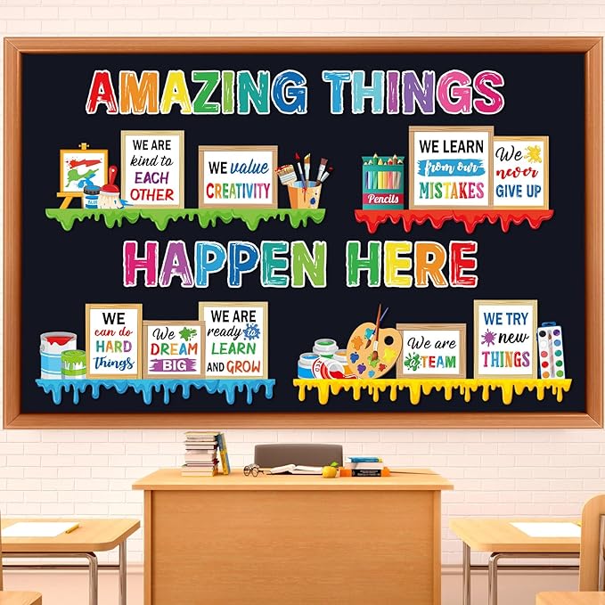Qilery Art Theme Bulletin Board Set, Amazing Things Happen Here Paint Splatter Cutouts, Colorful Growth Mindset Motivational Classroom Decor, Inspirational Art Room Teacher Supplies