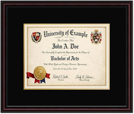 CountryArtHouse Diploma Frame Fits 13 x 10 College Diploma (Traditional) - Keepsake Graduation Display Executive Brown Genuine Hardwood with Black Over Metallic Gold Double mat
