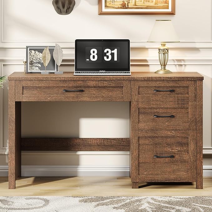 Farmhouse 47" Executive Desk, Computer Desk with File Drawer and Charging Station, Workstation for Home Office, Study.Red-Brown