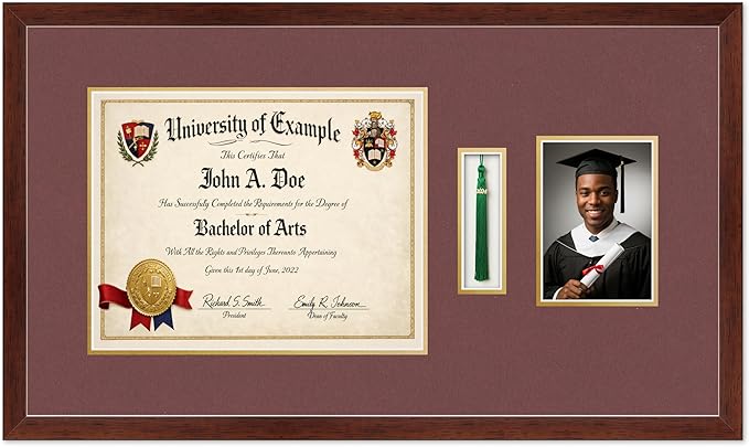 CountryArtHouse Diploma Tassel and Photo Shadowbox Fits 14 x 11 College Diploma (Modern) with Tassel H Rustic Walnut Genuine Hardwood with Dark Red Over Metallic Gold Double mat