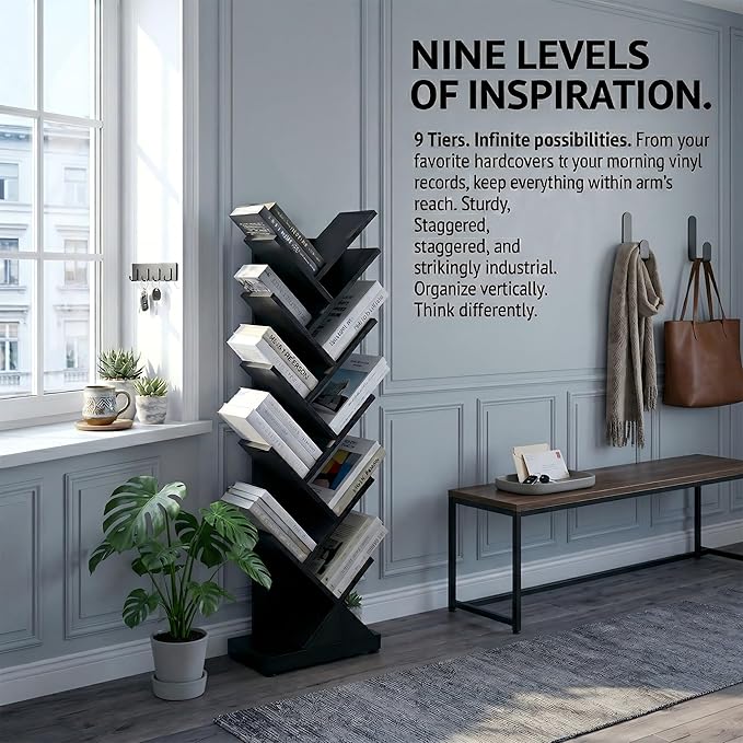 ruboka 9 Tier Tree Bookshelf, 9 Shelf Floor Standing Bookcase Display for CDs/Magazine/Books, Retro Bookshelf for Bedroom, Living Room, Office,Balcony,Book Organizer Storage Shelves