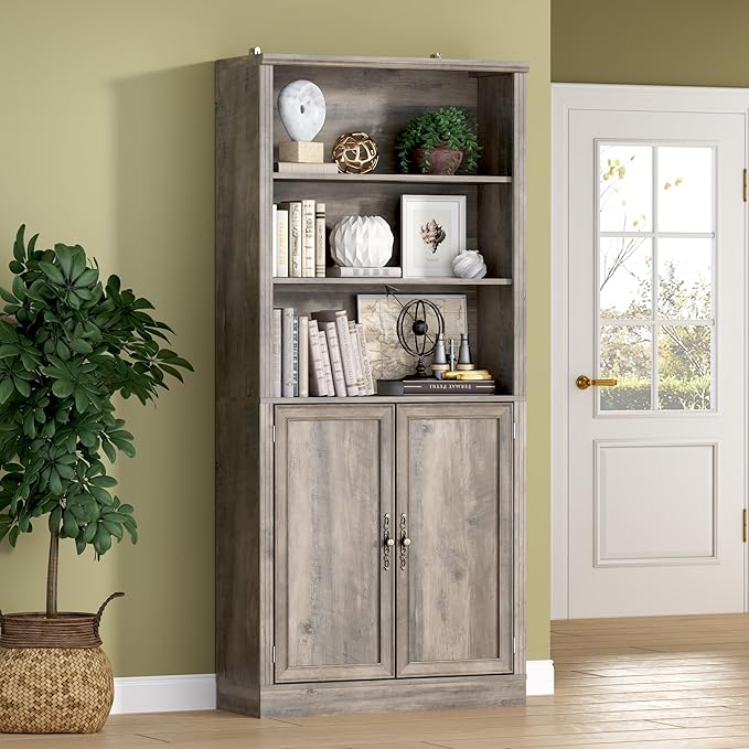 70.1" Tall Bookshelf with Cabinet, 5-Tier Floor Standing Bookcase with Doors & Adjustable Shelves, 31.5" Wide Storage Shelf, Metal Handles, Modern Organizer for Home Office, Living Room