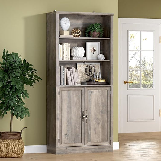 70.1" Tall Bookshelf with Cabinet, 5-Tier Floor Standing Bookcase with Doors & Adjustable Shelves, 31.5" Wide Storage Shelf, Metal Handles, Modern Organizer for Home Office, Living Room