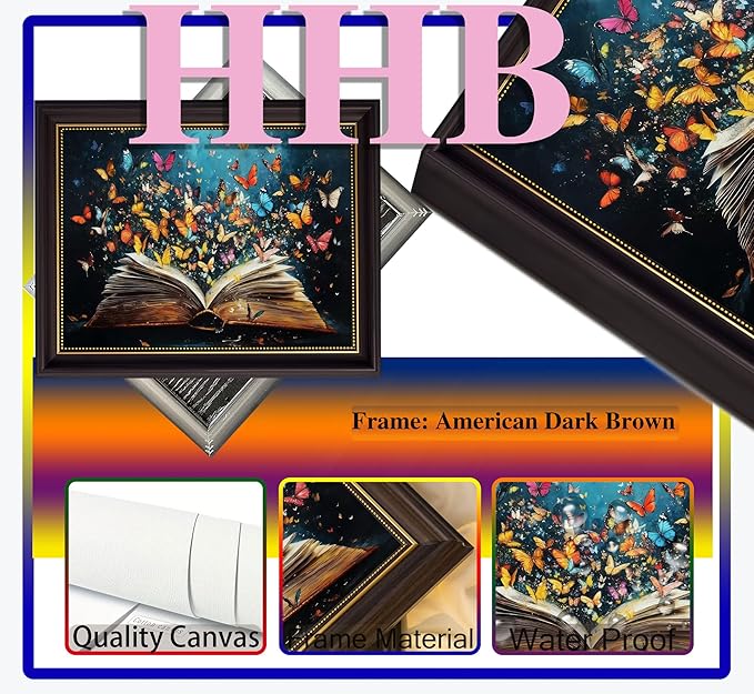 Dark Brown Frame Colorful Butterfly Book Canvas Wall Art Butterfly Emerging From Book Wall Decor Picture Reading Enthusiasts Poster Print for Library Reading Room Modern Reading Home Decoration