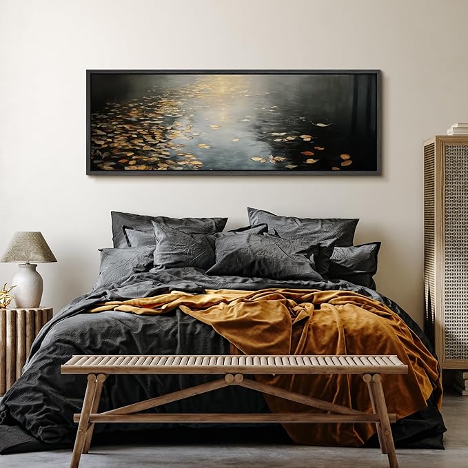 SIGNFORD Large Framed Canvas Print Wall Art Moody Water Reflection with Floating Leaves Illustrations Modern Art Calm Warm for Living Room, Bedroom, Office - 60"x20"
