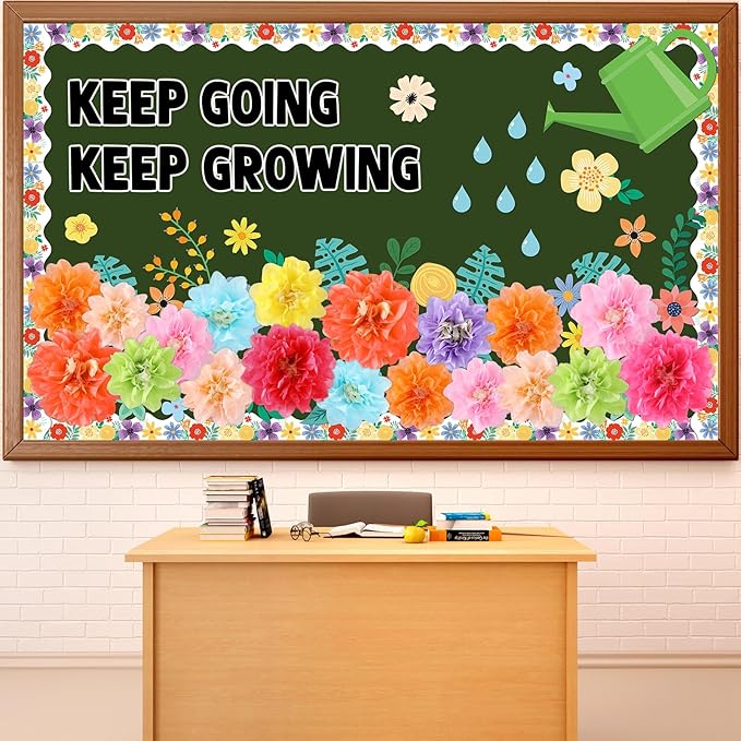 3D Spring Wildflowers Bulletin Board Set Keep Going Keep Growing Bulletin Board Paper Flowers Classroom Decorations Floral Blackboard Border Sunflower Cutout for Back to School Classroom Wall Decor