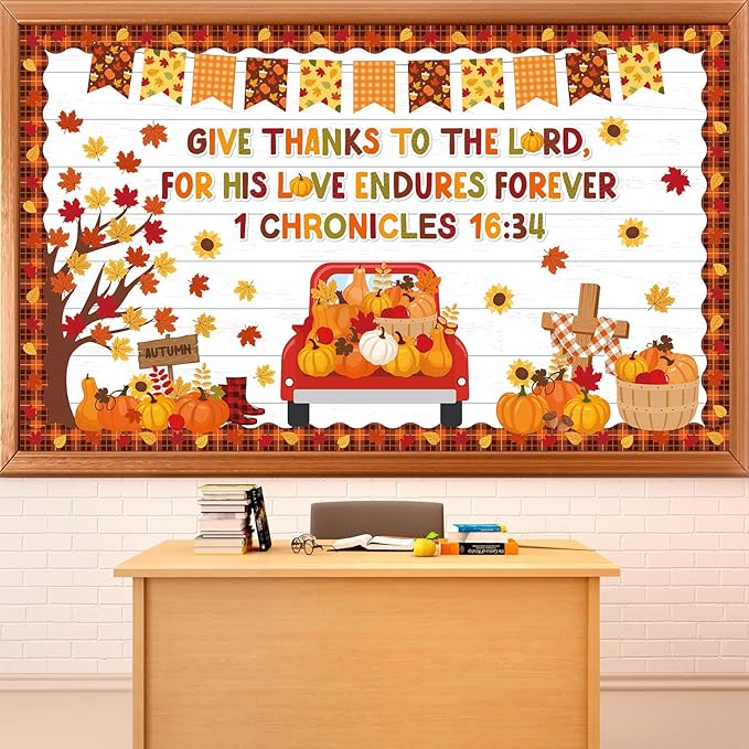 gisgfim Fall Thanksgiving Bulletin Board Decorations Give Thanks to The Lord Religious Paper Cutouts Fall Pumpkin Maple Leaf Bulletin Board Set for Autumn Harvest Thanksgiving Classroom Decor Supplies