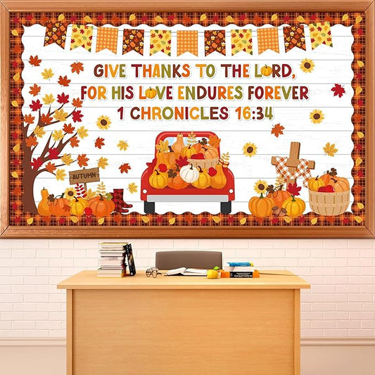 gisgfim Fall Thanksgiving Bulletin Board Decorations Give Thanks to The Lord Religious Paper Cutouts Fall Pumpkin Maple Leaf Bulletin Board Set for Autumn Harvest Thanksgiving Classroom Decor Supplies