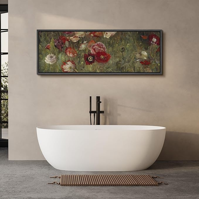 SIGNFORD Large Framed Canvas Vintage Red and White Poppy Field Illustrations Modern Art Calm Warm for Living Room, Bedroom, Office - 60"x20"