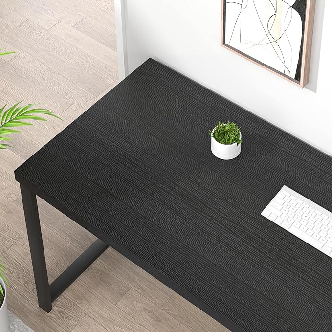 EXCEFUR Black Desk, Modern Computer Desk for Home Office, Metal Wood Writing Study Table Workstation with Storage Shelf for Living Room, Bedroom, 53 Inch