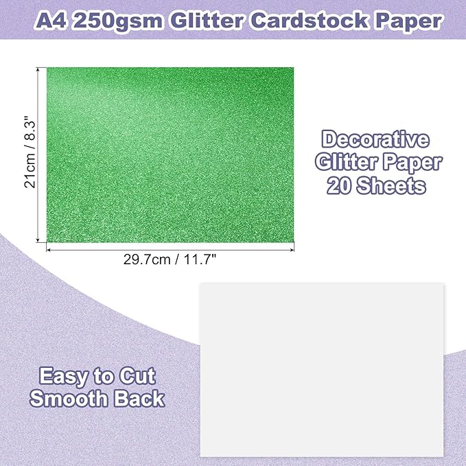 PATIKIL 20Sheets Grass Green Glitter Cardstock, 8.3x11.7 in A4 Glitter Paper Card Stock Shiny Scrapbook 250gsm Sparkly Paper Large Shimmer for Crafts Scrapbook DIY Art Wedding Party