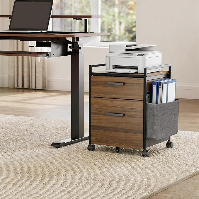 EUREKA ERGONOMIC 2-Drawer Mobile File Cabinet with Wheels, Solid Wood Rolling Storage Cabinet for Home Office, Space-Saving Under Desk Organization with Printer Stand, Walnut