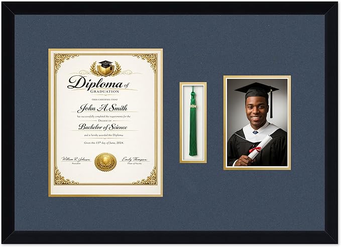 CountryArtHouse Diploma Tassel and Photo Shadowbox Fits 8.5 x 11 Certificate (Portrait) with Tassel Hook Matte Black Genuine Hardwood with Navy Blue Over Metallic Gold Double mat