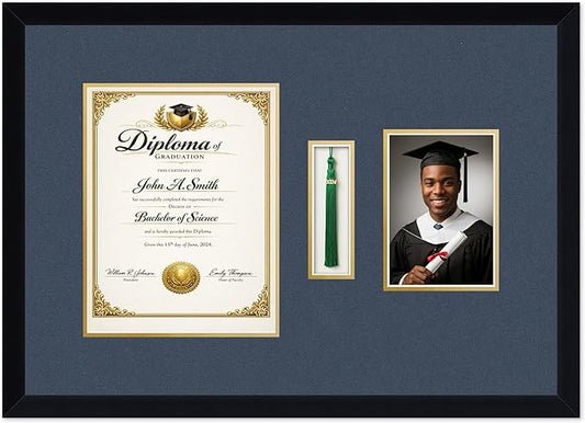 CountryArtHouse Diploma Tassel and Photo Shadowbox Fits 8.5 x 11 Certificate (Portrait) with Tassel Hook Matte Black Genuine Hardwood with Navy Blue Over Metallic Gold Double mat