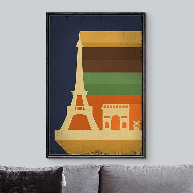 IDEA4WALL Framed Canvas Print Wall Art Retro Vintage French Eiffel Tower Poster Cultural Building Illustrations Modern Art Contemporary Scenic Warm for Living Room, Bedroom, Office - 24"x36" BLACK