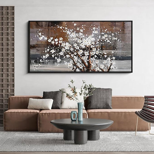 KLAKLA Framed Wall Art - Black Frame Canvas Wall Decor - Flower Picture Artwork for Wall - Large Paintings for Living Room Brown Background Bedroom Office Plum Blossom Art Prints 20x40