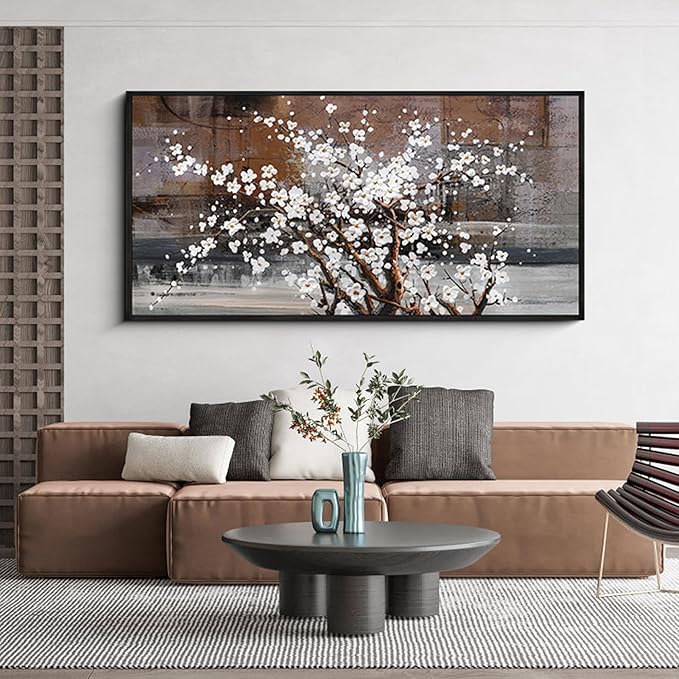 KLAKLA Wall Art for Living Room - White Plum Blossom Brown Trunk Natural Landscape Wall Decor Framed Picture Artwork for Wall Modern Paingings Extra Large Wall Art