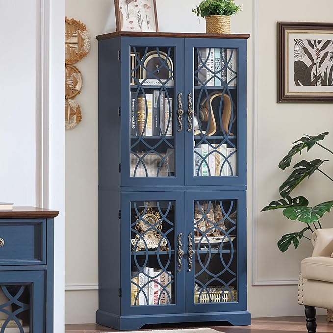 67" Tall Bookshelf, Rustic Book Shelf w/Vintage Pattern Tempered Glass Doors, 5-Tier Wood Bookcase with Adjustable Storage Shelves, Retro Curio Display Cabinet for Living Room, Navy Blue