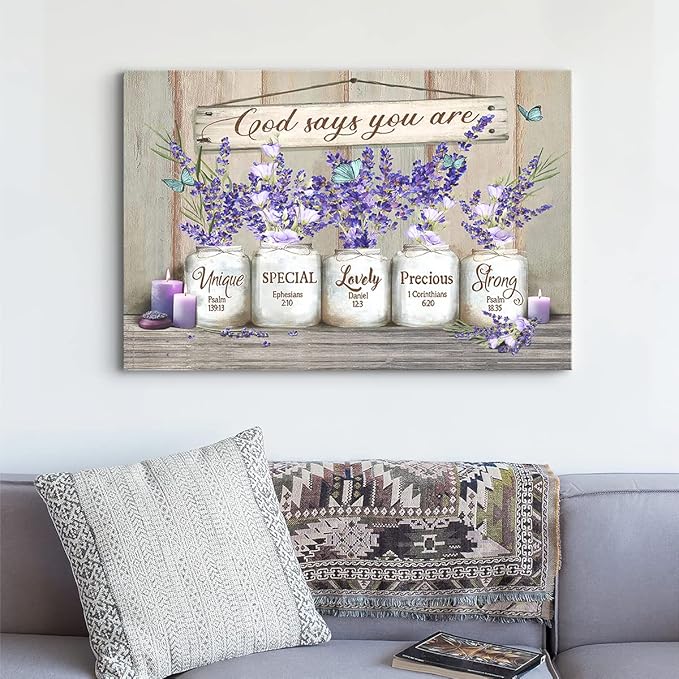 Parylore God Says You Are Canvas Wall Art Inspirational Lavender Butterflies Wall Decor Marson Jars Bible Verses Picture Framed Modern Artwork for Bedroom Bathroom Office Home Decor 16x20 In