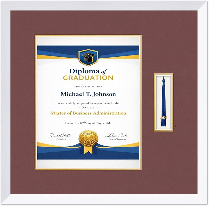 Diploma Frame with Tassel Holder Bright White Shadowbox Dark Red Over Gold Mat - Fits 11 x 14 Degree Made in the USA