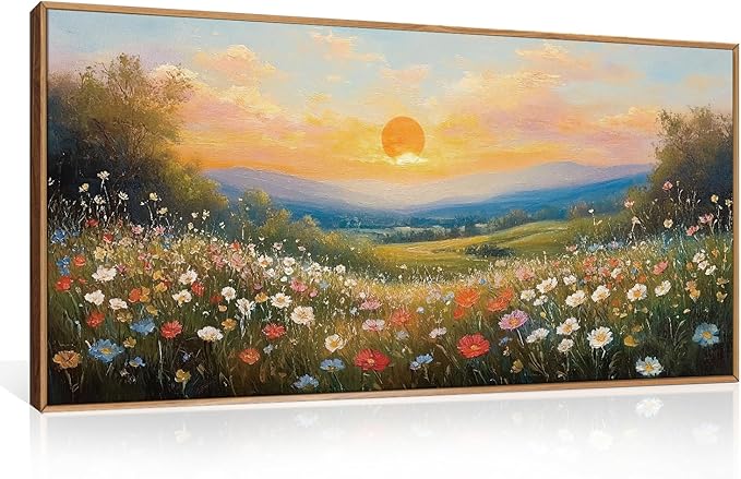 HOURIA Watercolor Spring Floral Meadow Landscape Framed Canvas Wall Art Set,Boho Vibrant Colorful Wildflower Decor,Modern Sunset Nature Inspired Scenery Artwork for Living Room,Bedroom,Farmhouse-20"x40"x1