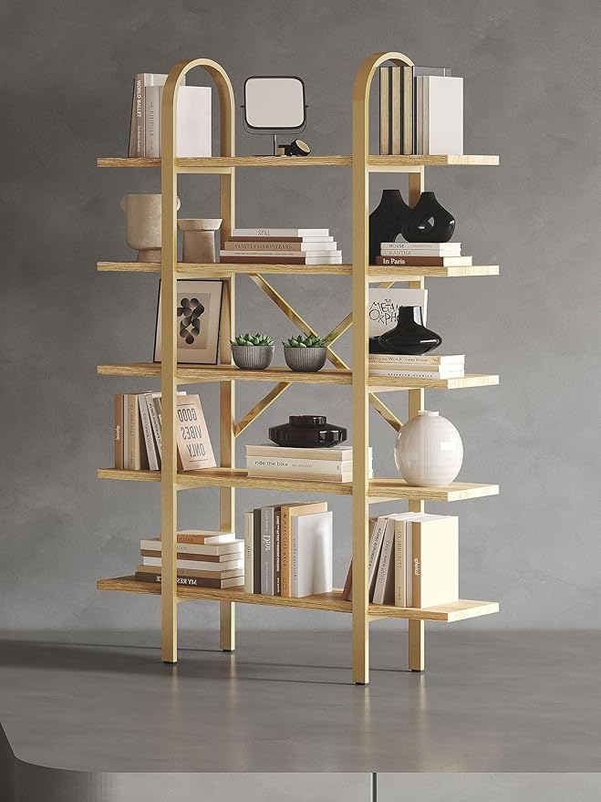 Wide Bookshelf Arched Bookcase, Industrial 5 Tier Open Book Shelves with Metal Frame, 72" Tall Freestanding Heavy Duty Display Rack for Home Office, Living Room,Nature Wood & Gold,Easy Assembly
