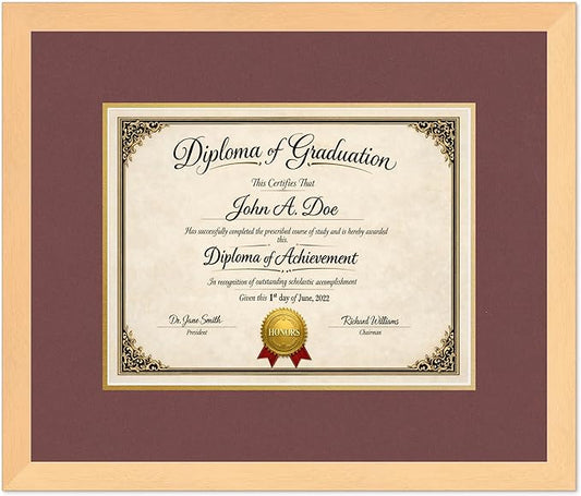 Diploma Frame Natural Wood with Dark Red Over Gold Double Mat - Fits 13 x 10 College Diploma (Traditional) Wall Display Made in the USA