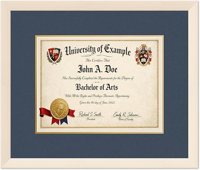 CountryArtHouse Diploma Frame Fits 13 x 10 College Diploma (Traditional) - Keepsake Graduation Disp Coastal Whitewash Genuine Hardwood with Navy Blue Over Metallic Gold Double mat