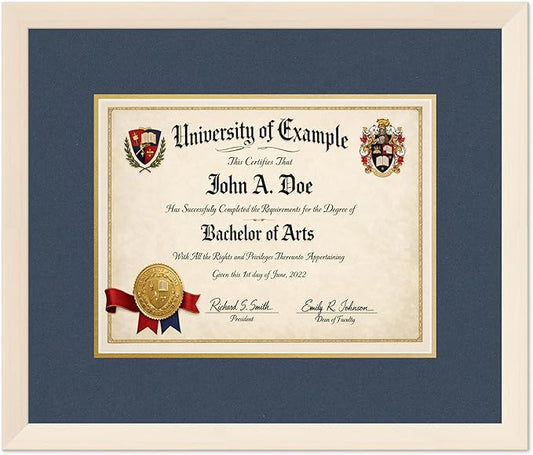 CountryArtHouse Diploma Frame Fits 13 x 10 College Diploma (Traditional) - Keepsake Graduation Disp Coastal Whitewash Genuine Hardwood with Navy Blue Over Metallic Gold Double mat