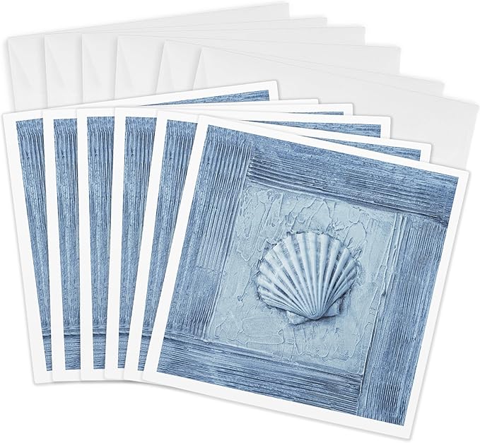 3dRose Blue Mixed Media Collage Art Painting With Sea Shell 6 Greeting Cards with envelopes
