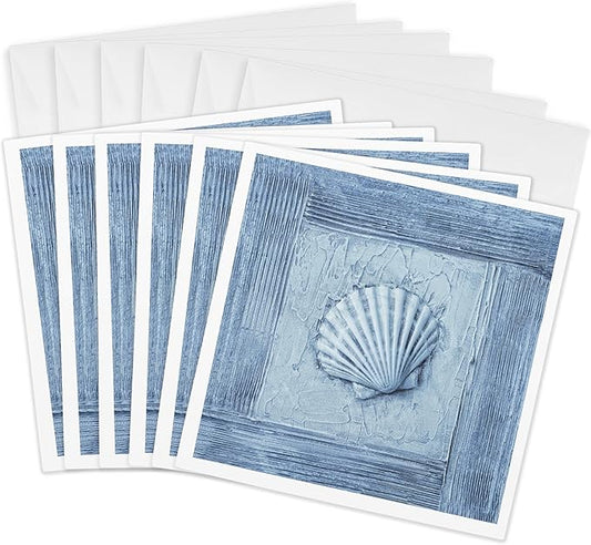 3dRose Blue Mixed Media Collage Art Painting With Sea Shell 6 Greeting Cards with envelopes