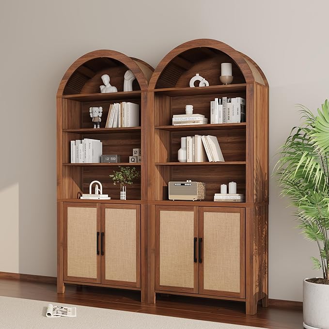 71" Tall Arched Bookcase with Storage, Mid-Century Modern 6-Tier Cabinet with Door, Arched Bookshelf Cabinet with Open Display Storage Shelf for Office Living Room (Walnut)