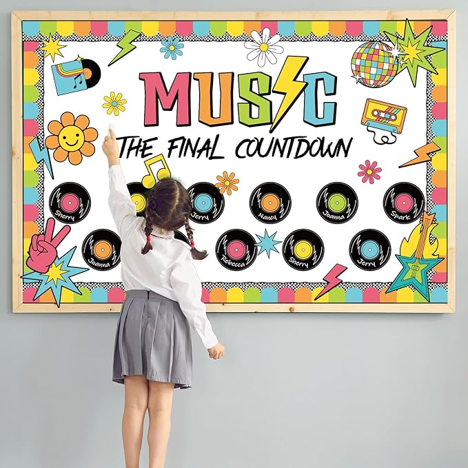 Pajean Music Bulletin Board Retro Groovy Record Classroom Decorations Music Note Flower The Final Countdown Cutouts for Back to School First Day Door Wall Window Chalkboard Supplies