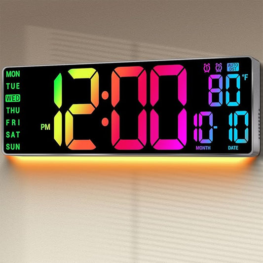 16.5" Large Digital Wall Clock: 11 RGB Color LED Display with Remote Control, Auto DST, Temperature & Date, Big Number Wall Clock for Seniors, Classroom, Office, Gym, Home Decor Gray