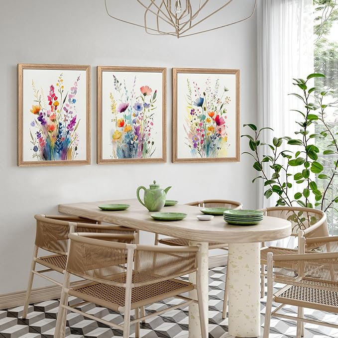 Watercolor Wildflower Wall Art Set Of 3, Colorful Floral Bouquet Wall Decor For Living Room Bedroom Kitchen, Art Prints With Wooden Frame 12x16 Inches Wood Framed Easy To Hang