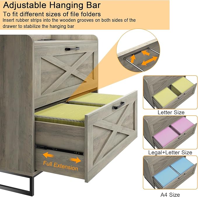 2 Drawer Lateral File Cabinet, Filing Cabinet with Charging Station for Letter/Legal/A4 Size Hanging Files, Modern Farmhouse File Cabinet for Home Office, Printer Stand with Storage, Washed Gray