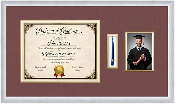 Diploma Tassel and Photo Frame Stainless Silver Shadowbox Dark Red Over Gold Mat - Fits 14 x 11 Degree Picture Made in the USA