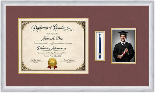 Diploma Tassel and Photo Frame Stainless Silver Shadowbox Dark Red Over Gold Mat - Fits 14 x 11 Degree Picture Made in the USA