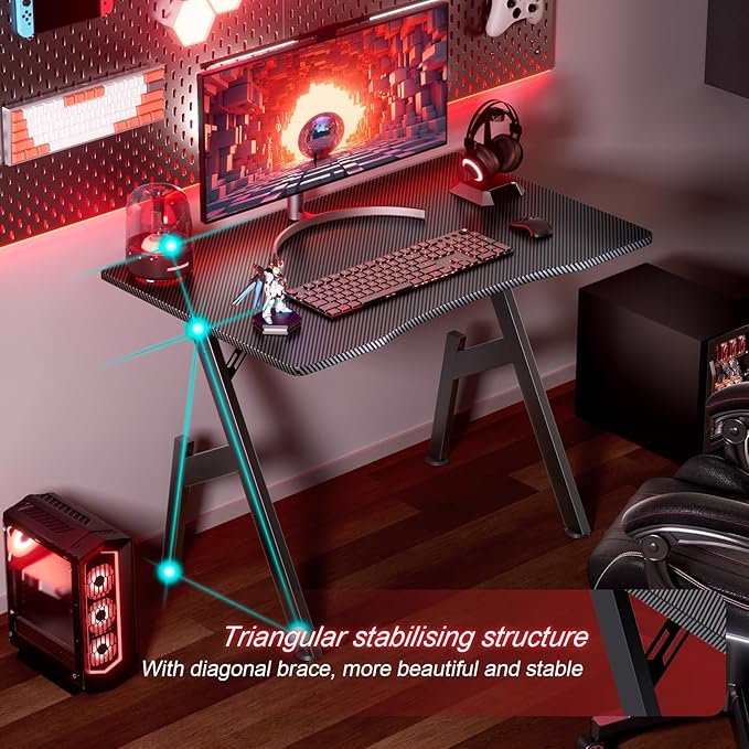 HLDIRECT 32 Inch A-Shaped Gaming Desk with Carbon Fibre Surface - Ergonomic PC Workstation for Home Office & Simple Gaming