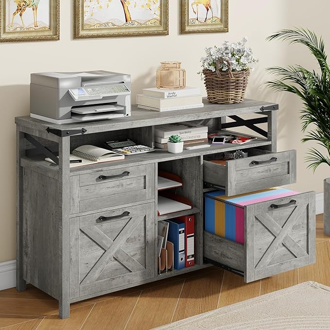 Vabches Farmhouse Filing Cabinet with Adjustable Shelf for Home Office, Lateral File Cabinets 4 Drawers with Open Storage Shelf, Filing Organization Storage Cabinets for Hanging Files Letter/A4.Grey
